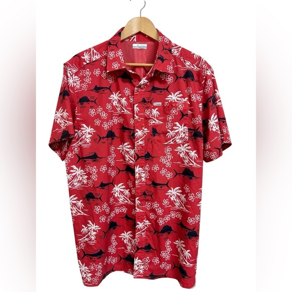 Columbia PFG Mens Hawaiian Aloha Shirt L Red White Black Swordfish Floral Palms - Picture 8 of 8